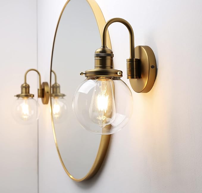 Industrial Vintage Gooseneck Wall Sconce 1-Light with 5.9” Round Clear Glass Globe Shade Indoor Wall Mounted Lamp Fixture