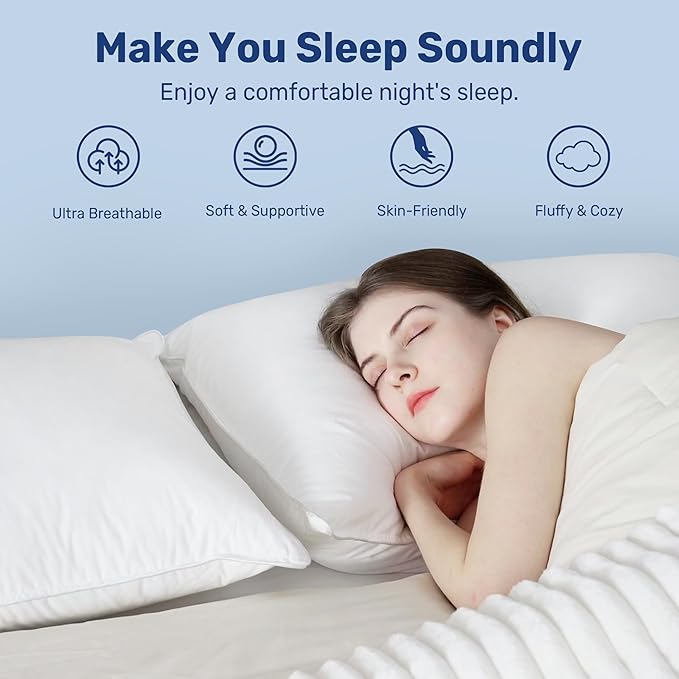 UNIKOME Ultra Soft Pillows Standard Size Set of 2 - Hotel Collection Luxury 100% Cotton Cover Down Alternative Bed Pillow, Fluffy Pillows for Back, Stomach or Side Sleepers