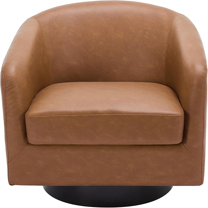 UIXE 360° Swivel Barrel Accent Chair Armchair, PU Leather Round Club Arm Chair for Lving Room, Modern Upholstered Small Bedroom Single Sofa Seat - Brown, Set of 2