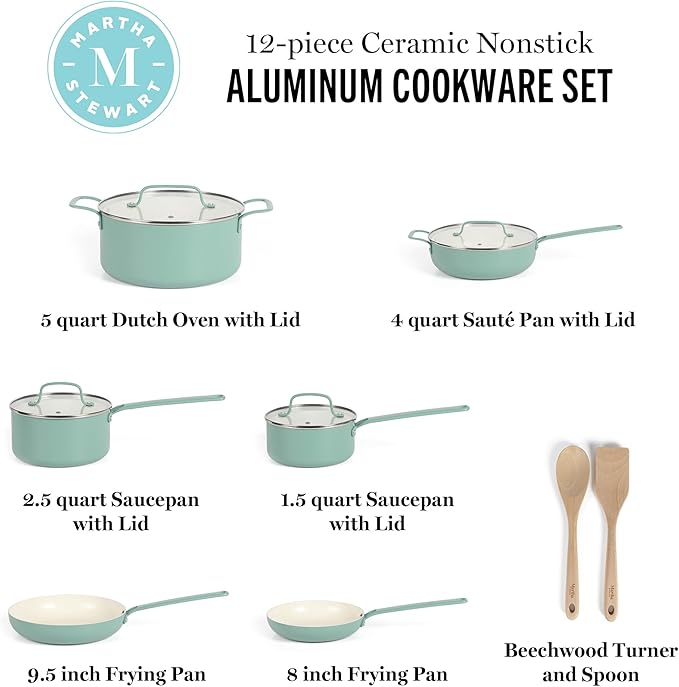 Martha Stewart Emmeline Premium Nonstick PFA Free Ceramic Interior 12 Piece Heavy Gauge Enamel Aluminum Pots and Pans Cookware Set - Teal