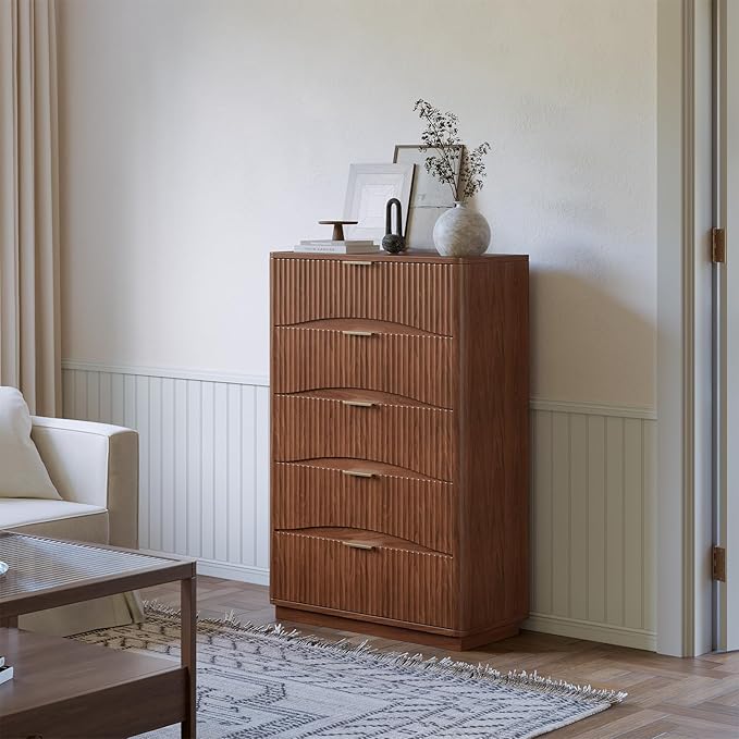 Fluted 5 Drawers Dresser, 47" Tall Wooden Dressers Storage Organizer,Modern Chest of Drawers for Bedroom with Deep Storage, Living Room,Entryway, Walnut