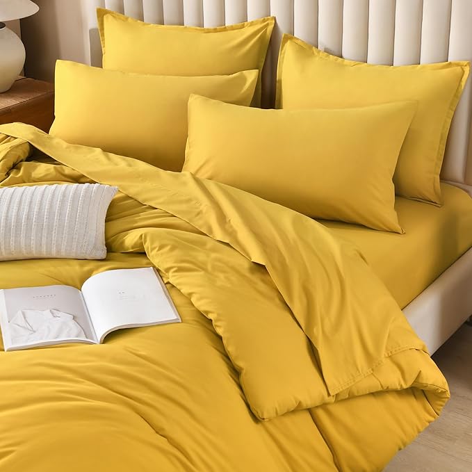 Litanika Comforter Full Size Set Mustard Yellow - 7 Pieces Bed in a Bag Full Bedding Comforter Sets, Plain Lightweight Bed Set with Comforter, Sheets, Pillowcases & Shams