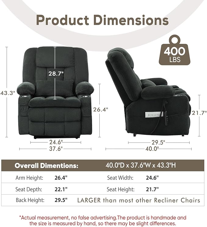 Large Dual Motor Lay Flat Power Lift Massage Recliner Chair Set of 2 for Elderly with Heat for Living Room, Lift Chairs Recliner with Lumbar Pillow, Cup Holder - Grey