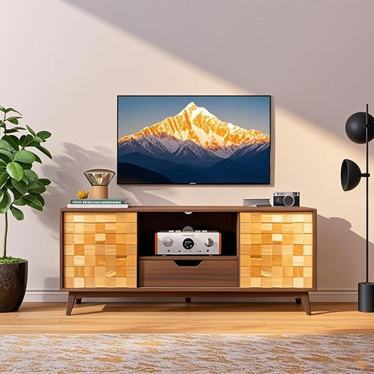 Mid Modern TV Stand with Storage | 55" Wide Walnut Wood Console Cabinet | Entertainment Center w/Adjustable Shelves | Solid Wood Legs | Easy Assembly