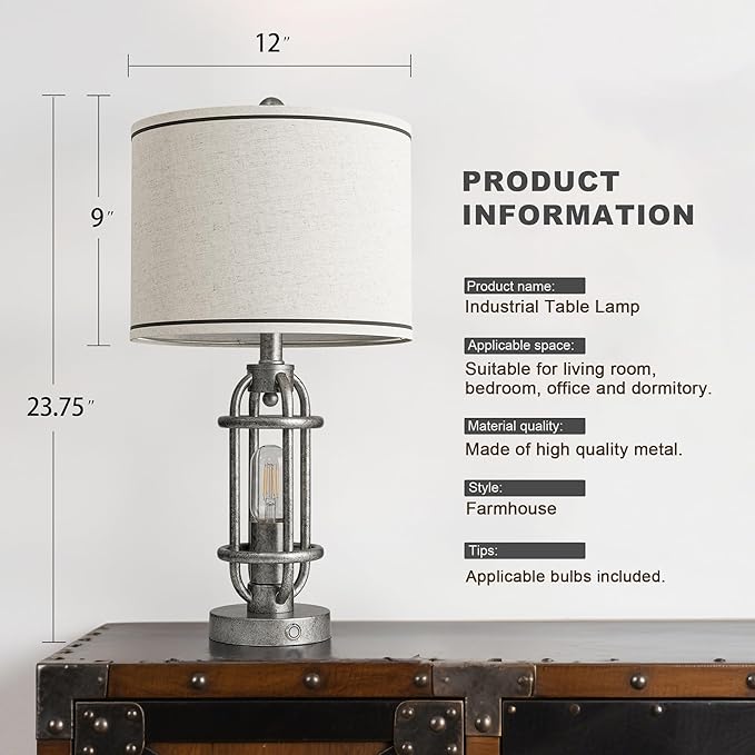 23.75'' Table Lamps Set of 2 for Living Room Bedroom Industrial Farmhouse Metal Touch Lamps with USB A+C Ports, Night Light Vintage Nightstand Bedside Lamp, Bulbs Included, Antique Silver