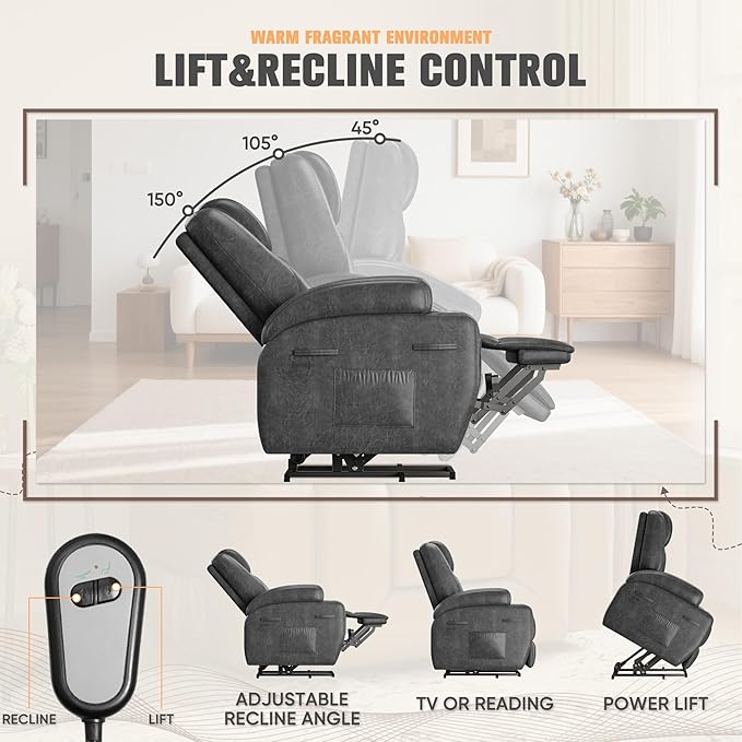 Flamaker Power Lift Chair with Vibration Massage Luxurious Leathaire Fabric Electric Lift Recliner for Elderly Power Lift Recliner Chair with Cup Holders Side Pockets for Living Room (Dark Gray)