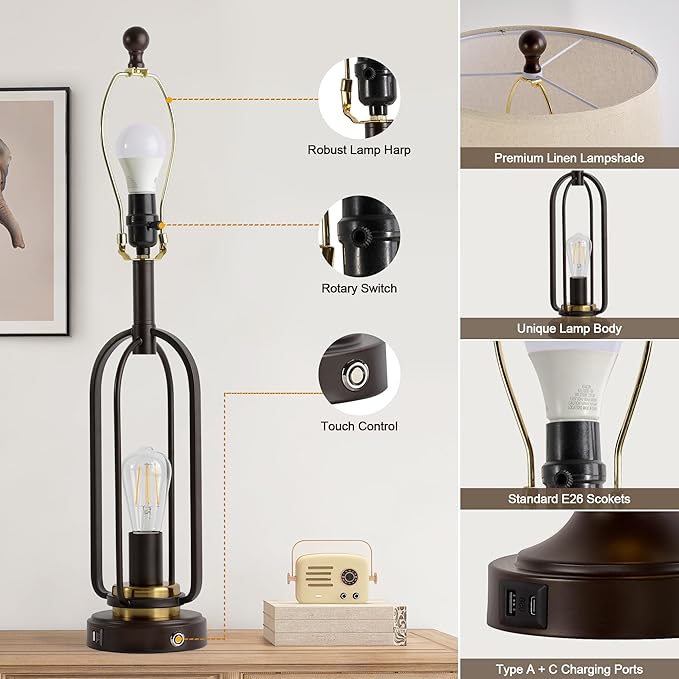 Farmhouse Table Lamps for Living Room Set of 2, 28.5" Tall Rustic Table Lamps with USB Ports, 3-Way Dimmable Vintage Bedside Lamps for Bedroom Nightstand, Bulbs