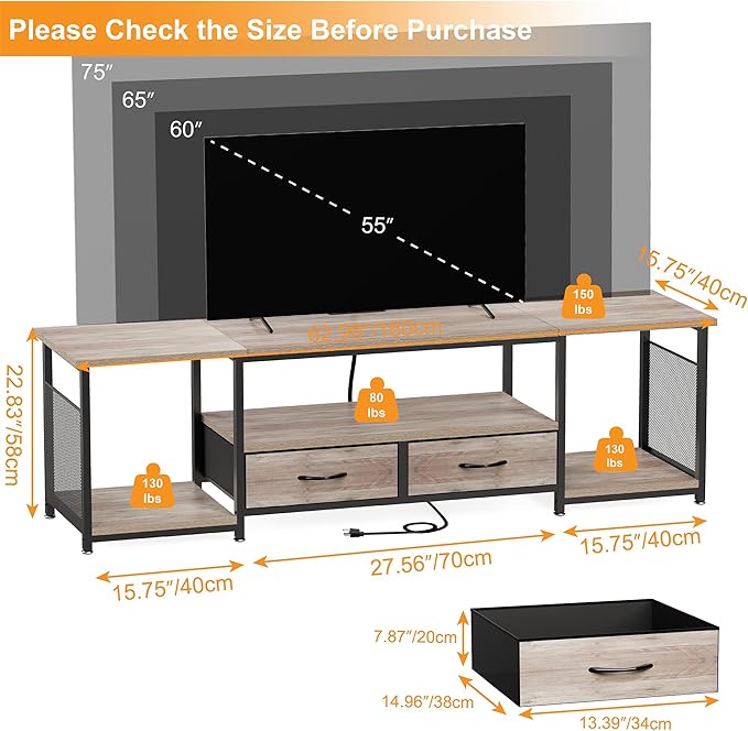 TV Stand with Drawers and Power Outlets for 75 70 65 Inch TV, Entertainment Center with Open Storage Shelves, Media Industrial TV Console Table for Living Room Bedroom Office, Greige