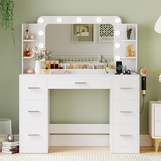 JUMMICO Makeup Vanity Desk with Large Mirror and Lights, Vanity with Power Strip and Hairdryer Holder, 6 Open Shelves and 7 Drawers Modern Dressing Table, for Bedroom (White)