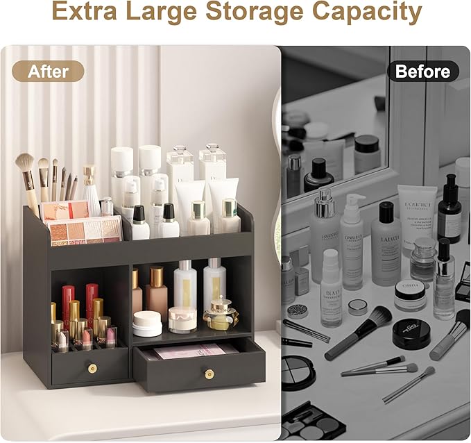 Makeup Organizer with Drawers, Bamboo Countertop Cosmetic Storage for Dresser Vanity Organizer Beauty Desk Skincare Holders Container Make Up Organizing for Lipstick