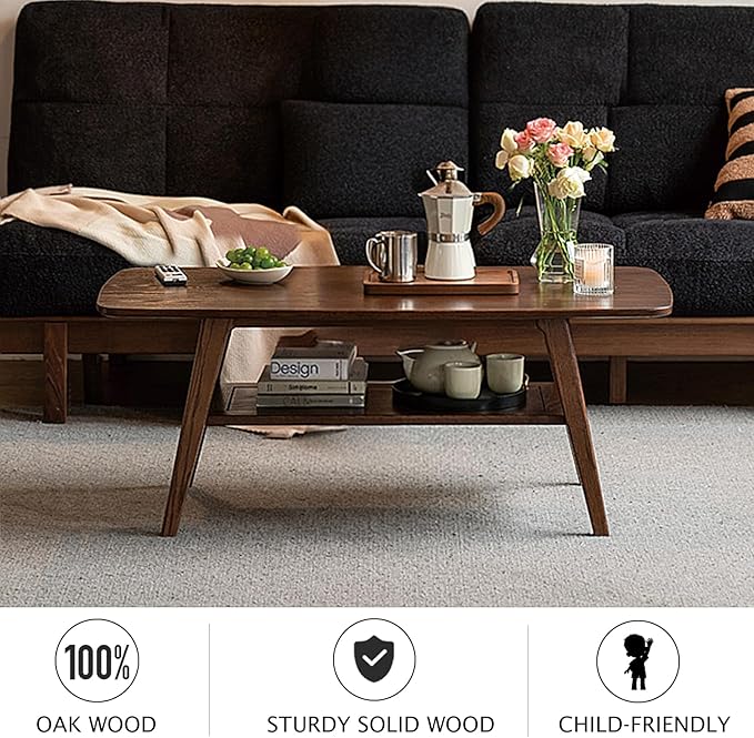 100% Solid Oak Coffee Table with Storage Shelf, 2-Tier Wooden Center Table for Living Room, Farmhouse Rustic Rectangle Table, Easy Assembly, Walnut Color, 39.37inch