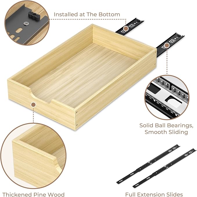 COOLBEBE Pull Out Cabinet Drawer, Soft Close Pull Out Organizer for Cabinets, Solid Wood Cabinet Drawers Slide out, Pull Out Shelves in Kitchen, Pantry, Bathroom, Bottom Assembly (14INCH)