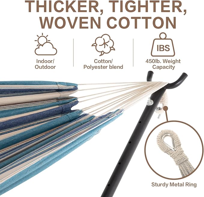 PNAEUT Double Hammocks with Stand for Outside, Portable Space Saving Heavy-Duty Steel Stand for Indoor Outdoor Patio with Carrying Bag, 450 lbs Capacity (Lightblue)