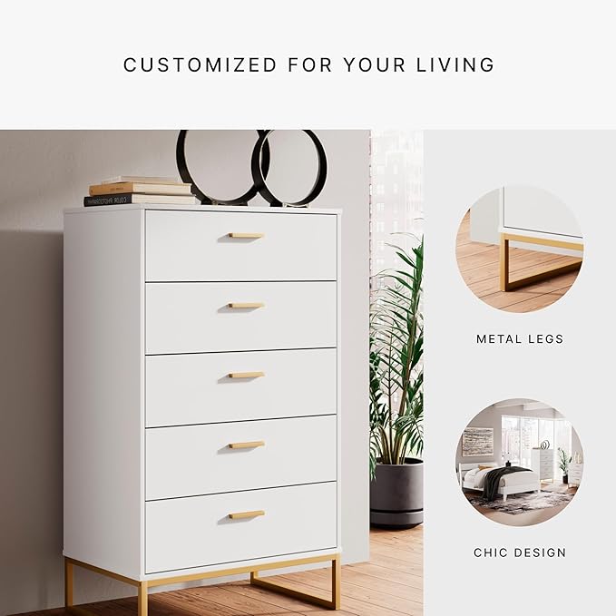 Signature Design by Ashley Socalle Modern 5-Drawer Chest of Drawers with Safety Stop, White & Metallic