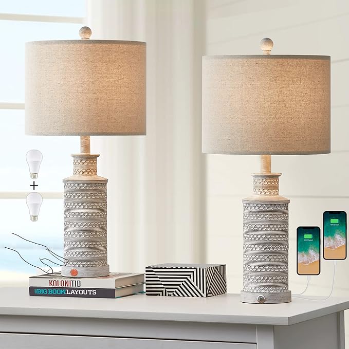 BOBOMOMO 3-Way Dimmable Touch Control Table Lamp Set of 2 with Dual USB Charging Ports for Bedroom Living Room Vintage Rustic Farmhouse Traditional Nightstand Bedside Lamps(Bulbs Included)