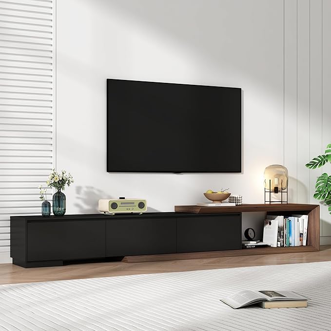 Extendable TV Stand with 3 Drawers, Modern Minimalist Entertainment Center, Reversible Long TV Media Console, Bevel Design, 82-107.3 Inch, Black & Walnut