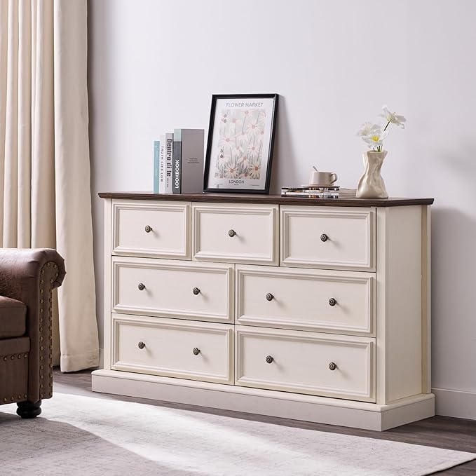 Farmhouse 7 Drawer Dresser for Bedroom, 55" Wide Wood Rustic Chest of Drawers for Bedroom, Storage Dressers Clothes Organizer for Closet, Living Room, Hallway, Dining Room(Vintage White)