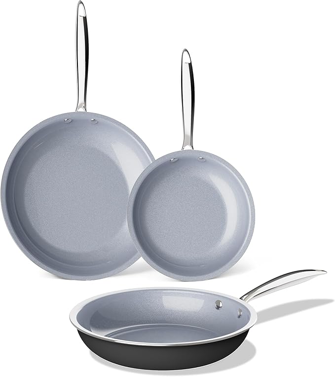 KITEXPERT Non Stick Frying Pans Set, Titanium Ceramic Pan Skillet Set Non Toxic, 8" 9.5" 11" Nonstick Frying Pan, Stainless Steel Handle, Dishwasher & Oven Safe, PFAS & PTFE & PFOA Free, Grey