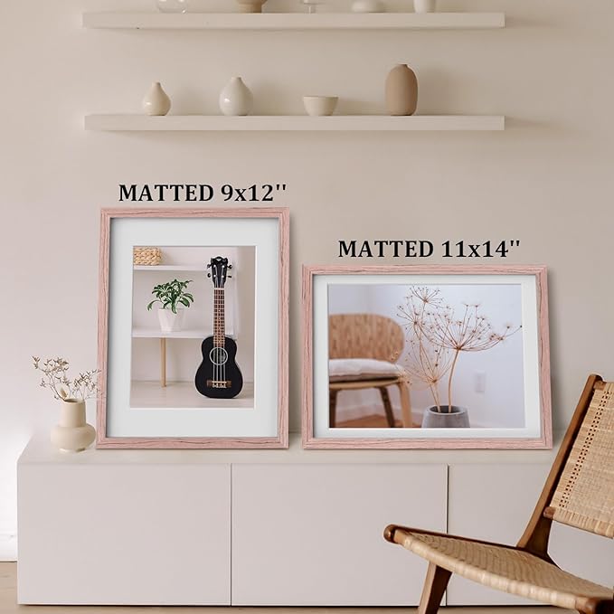 Egofine 12x16 Picture Frame Made of Solid Wood, Display Covered by Plexiglass, Display Pictures 9x12/11x14 with Mat or 12x16 Without Mat for Wall Mounting, Peach Pink