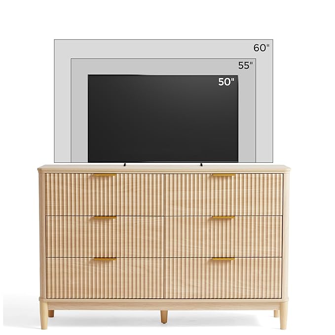 LINSY HOME Fluted Dresser for Bedroom with 6 Drawers, 54" Wide Chest of Drawers, Mid Century Modern Dresser TV Stand with Metal Handle, Wood Closet Storage Cabinet for Living Room, Hallway, Oak