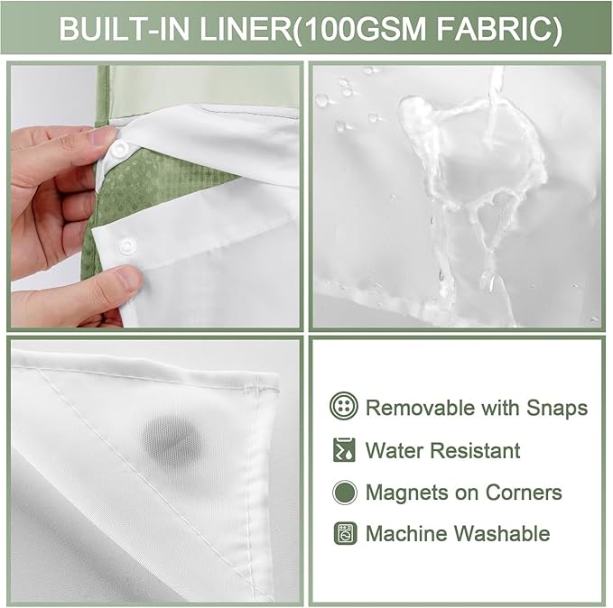 YellyHommy Stall No Hook Shower Curtain with Snap in Liner Set Less Time Green Waffle Shower Curtain for Bathroom 75" L x 60" W