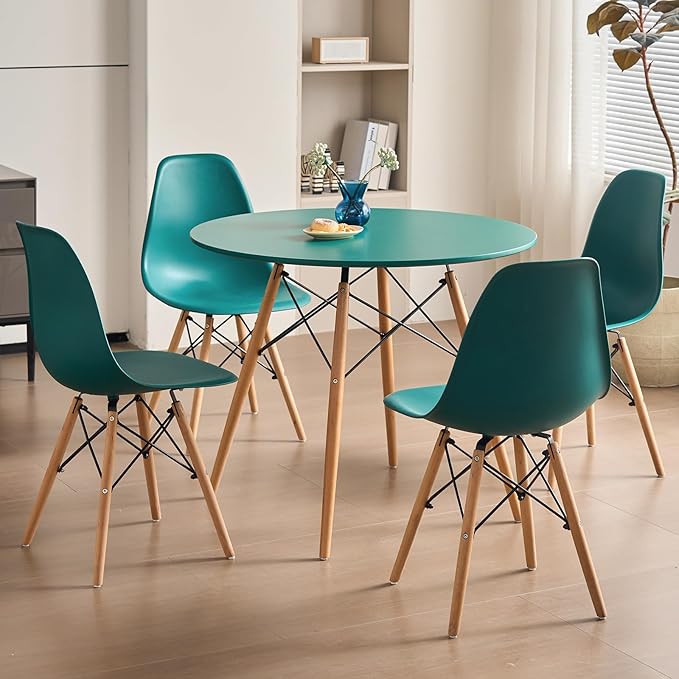 35.5'' 5 Piece Round Dining Table Set for 4, Mid-Century Modern Table with Chairs, Space Saving, Plastic Seats, Wood Legs, Circle Dinner Table for Kitchen, Home, Apartment, Green