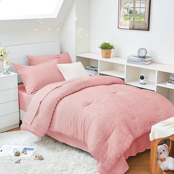 HYMOKEGE Rose Pink Twin XL Comforter Set Seersucker 5 Pieces, All Season Luxury Bed in a Bag for Bedroom, Bedding Set with Comforter, Sheets, Pillowcase & Sham