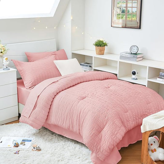 HYMOKEGE Rose Pink Twin XL Comforter Set Seersucker 5 Pieces, All Season Luxury Bed in a Bag for Bedroom, Bedding Set with Comforter, Sheets, Pillowcase & Sham