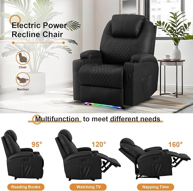 AHMED Power Recliner Chair with Vibration Massage & Heat for Adults, Faux Leather Home Theater Seating with Cup Holders/LED Lights/USB Ports/Side Pockets for Living Room, Black