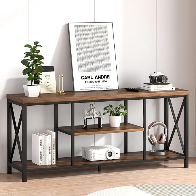 FOLUBAN Modern Entertainment Center for TVs up to 65 Inch, Rustic Wood Television Stands, Industrial TV Console and TV Cabinet for Living Room, Farmhouse TV Table for Bedroom, 55 Inch Walnut