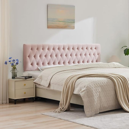 Kingfun Tufted Upholstered Full Size Bed Headboard in Modern Button Design, Adjustable Solid Wood Head Board, Premium Velvet Fabric Padded Headboards in Bedroom (Pink)