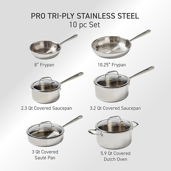 T-fal Pro Tri-Ply Stainless Steel Cookware Set 10 Piece, Induction Compatible Oven Safe 500F, Lids 350F, Fast & Even Heat, Professional Quality & Durability, Pots and Pans Set, Dishwasher Safe, Silver