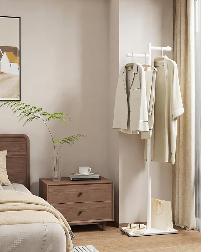 Garment Rack, Freestanding Metal Coat Racks, Z-shaped Coat Tree with Natural Rock Base, Suitable For Outerwear, Clothes, Handbags, 68.9in, White