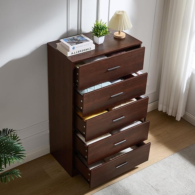 LIDYUK Dresser for Bedroom, Wood Dresser with 5 Drawers, Modern Minimalist Dressers & Chests of Drawers, 47 Inches Tall Chest of Drawers for Bedroom, Hallway, Living Room, Dark Cherry