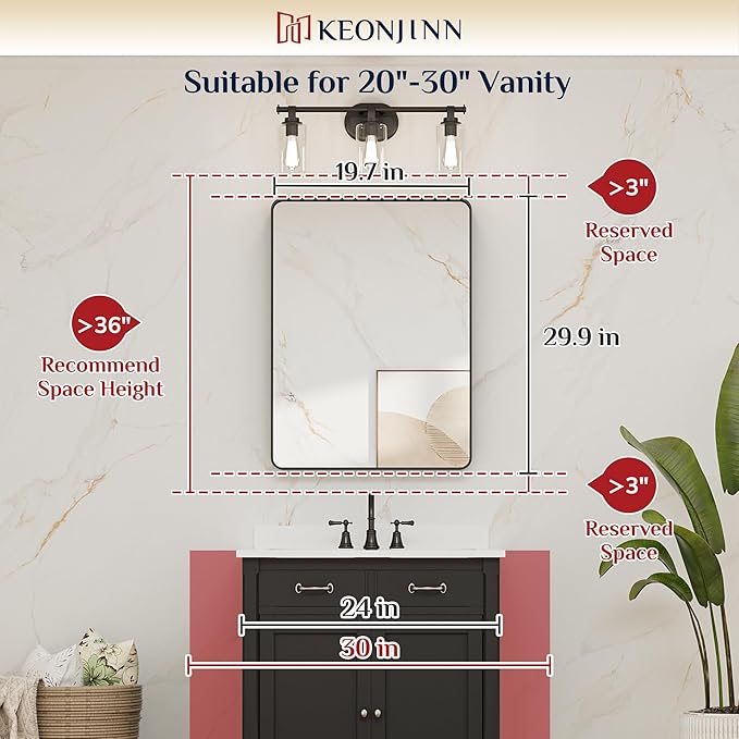 Keonjinn Black Bathroom Mirror, 20 x 30 Inch Rounded Rectangle Matte Black Bathroom Mirrors for Over Sink, Farmhouse Mirror with Seamless Frame, HD Tempered Glass Vanity Mirror(Horizontal/Vertical)
