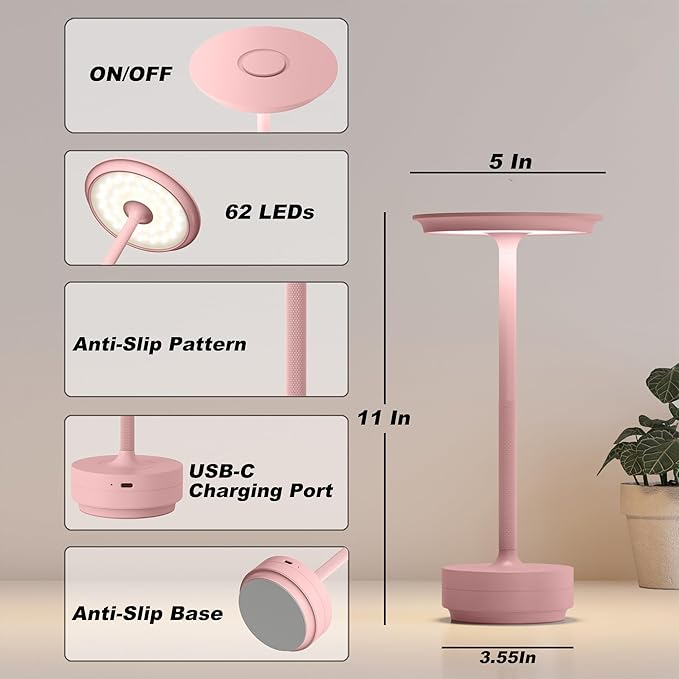 Cordless Table Lamps Rechargeable, Portable 5000mAh Outdoor Table Light, 3 Color Stepless Dimming LED Table Lamp with Memory Function, for Home/Dinner/Patio/Restaurant.(Pink)