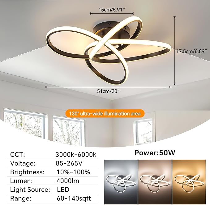 Modern LED Chandelier, 50W LED Ceiling Light with Remote Control, 3000-6000K Color Temperature Changing, Balck Chandelier for Bedroom, Entryway, Hallway, Kitchen