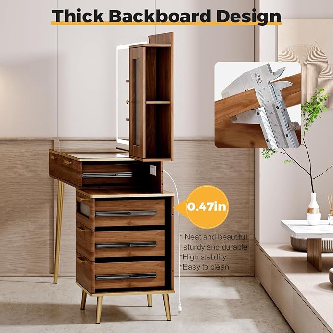 Vanity Desk with 29.53" HD Lighted Mirror, 47.24" Big Modern Vanity Desk with Mirror and Lights, Makeup Vanity with 5 Drawers and Storage Shelves and Charging Station, Brown