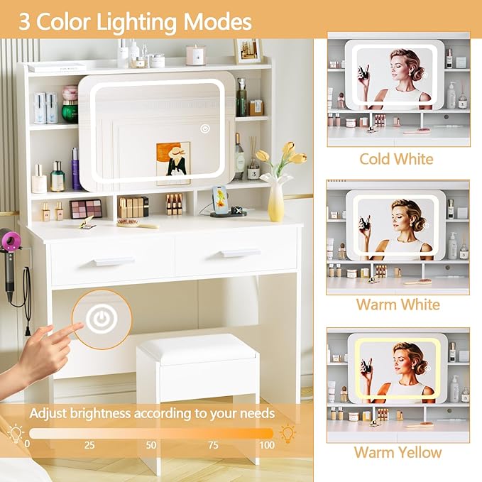 Vanity Desk with Sliding Mirror and Light,39 inch Makeup Vanity with Chair,2 Drawers,Power Outlet & Storage Shelves,3 Lighting Modes,Makeup Table Stool Set for Bedroom,White