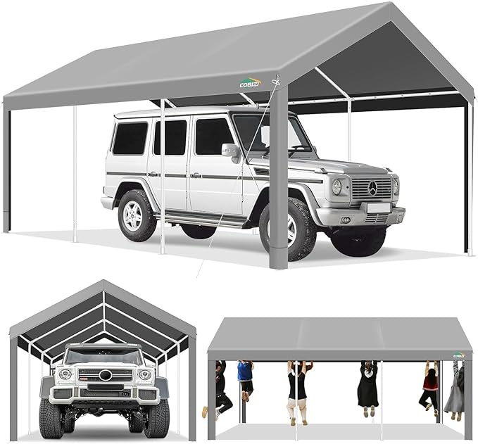 COBIZI Carport 10x20ft Heavy Duty Portable Garage, 2.0 Powder Coated Frame(Better Than Galvanized), Waterproof Shelter with Built-in Sandbags, for Car/Boat/SUV, Gray