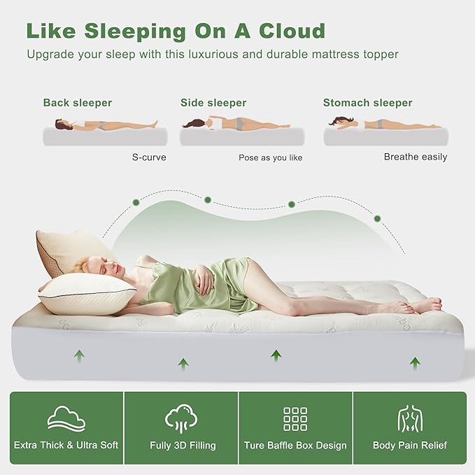 BEDLORE Queen Mattress Topper Viscose Derived from Bamboo, Thick Pillow Top Mattress Pad with Stretchable Pockets for 6-18 inches Mattress, Soft Breathable Mattress Topper for Back Pain Relief