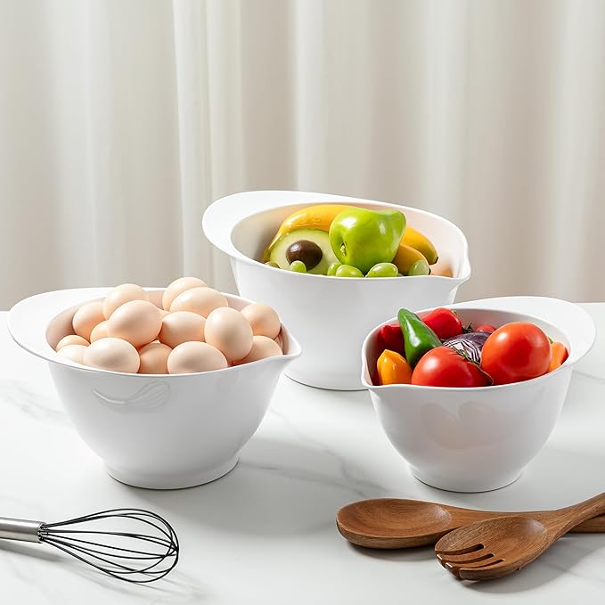 LEHAHA Melamine Mixing Bowls with Pour Spout, set of 3, Non-Slip Nesting Design, Nesting Salad Serving Bowl with large handle for Prepping, Baking, Cooking, Kitchen Cooking and Baking Supplies, White