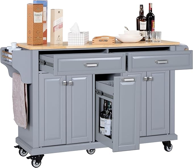 Cambridge Mobile Kitchen Island on Wheels with Storage and Wood top, Rolling Island with Spice Rack and Towel Holder, L60.5 x W18.13 x H36.75IN Island Table for Kitchen, (Grey)