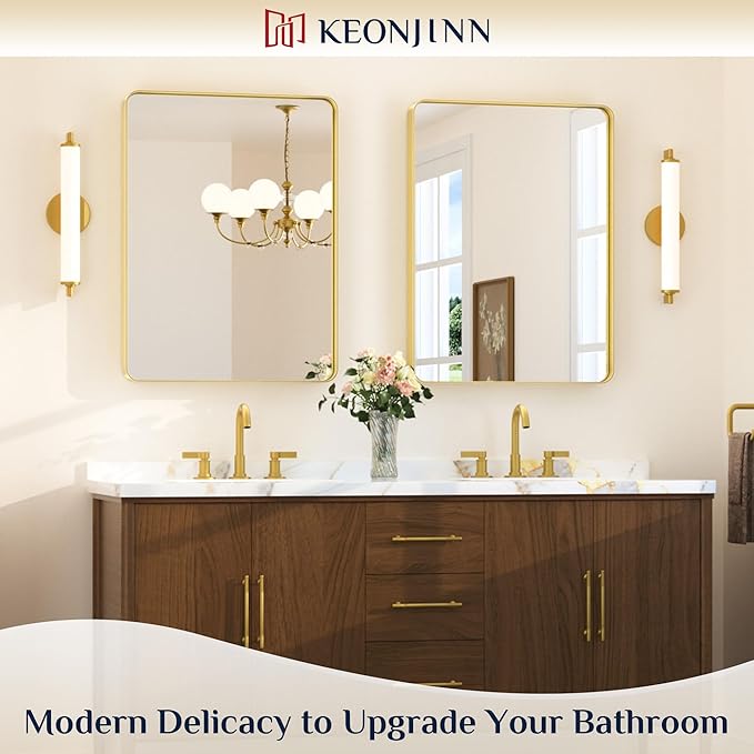Keonjinn Gold Bathroom Mirrors for Vanity, 24 x 32 Inch Rounded Rectangle Gold Mirror for Wall, Brushed Brass Mirror with Metal Frame, HD Tempered Glass, Modern Gold Framed Mirror(Horizontal/Vertical)
