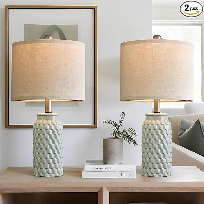 20.5 inches Modern Ceramic Green Bedside Lamp Set of 2 for Bedroom Decor Farmhouse Table Lamp for Living Room Office Dorm