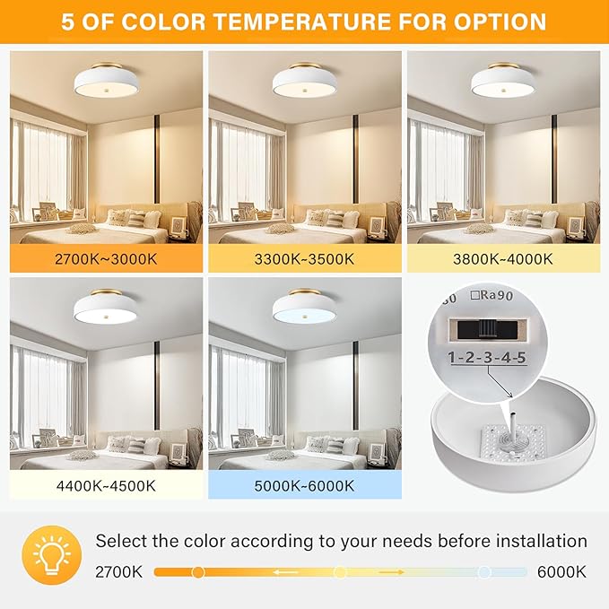 Dimmable LED Ceiling Light Fixture, 2700K-6000K 5CCT Modern Mid-Century Semi Flush Mount Ceiling Light, White Close to Ceiling Lamp for Kitchen, Laundry Room, Bedroom, Hallway, 11.8in