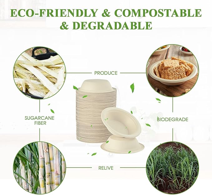 Vplus 500 Pack 12 OZ Paper Bowls Bulk, Disposable Compostable, Eco-friendly Bagasse, Heavy-duty Bowls Perfect for Milk Cereals, Snacks, Salads Nature