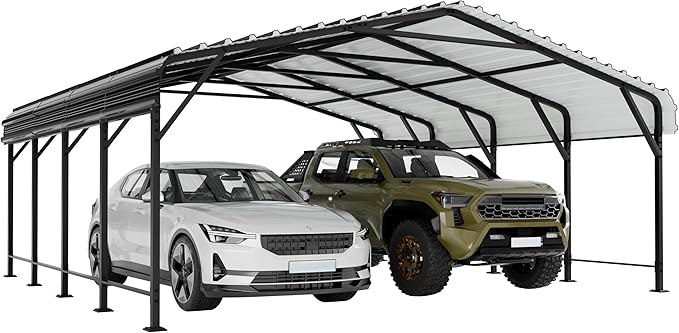 JY QAQA 20 x 20 FT Metal Carport Kits with Galvanized Steel Roof, Heavy Duty Metal Carport Canopy, Outdoor Car Tent Garage Shelter for Car, SUV, Truck and Boats