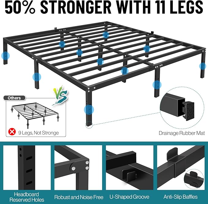 16 inch High Mental Queen Bed Frame with Headboard Hole,3900LBS Heavy Duty Steel Slats Queen Bed Frame No Box Spring Needed Platform Noise-Free Easy Assembly