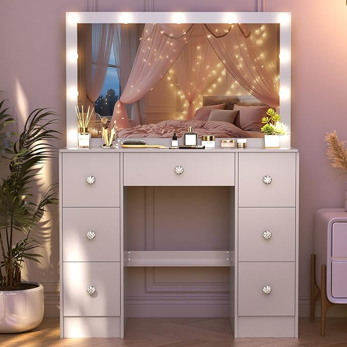 JBLCC Vanity Desk with Mirror and Lights, 39.4''W White Makeup Vanity with 3-Color Lighted Mirror, 7 Drawers & Open Shelves, Big Vanity Table for Bedroom, Girls & Women
